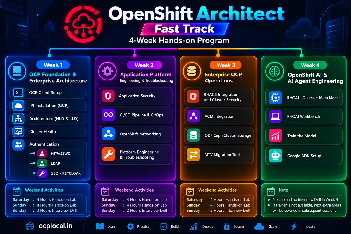 OpenShift Architect Fast Track — 4-week hands-on program: Week 1 OCP Foundation, Week 2 Application Platform Engineering, Week 3 Enterprise OCP Operations, Week 4 OpenShift AI and AI Agent Engineering